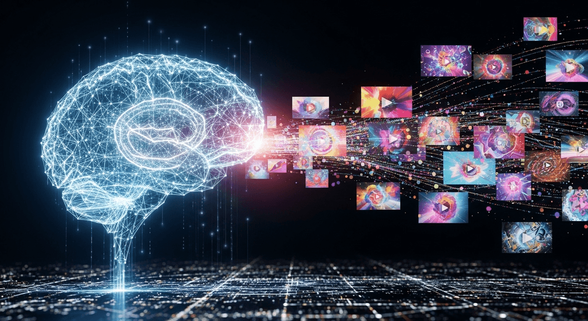 An abstract representation of an AI brain generating creative video ideas.