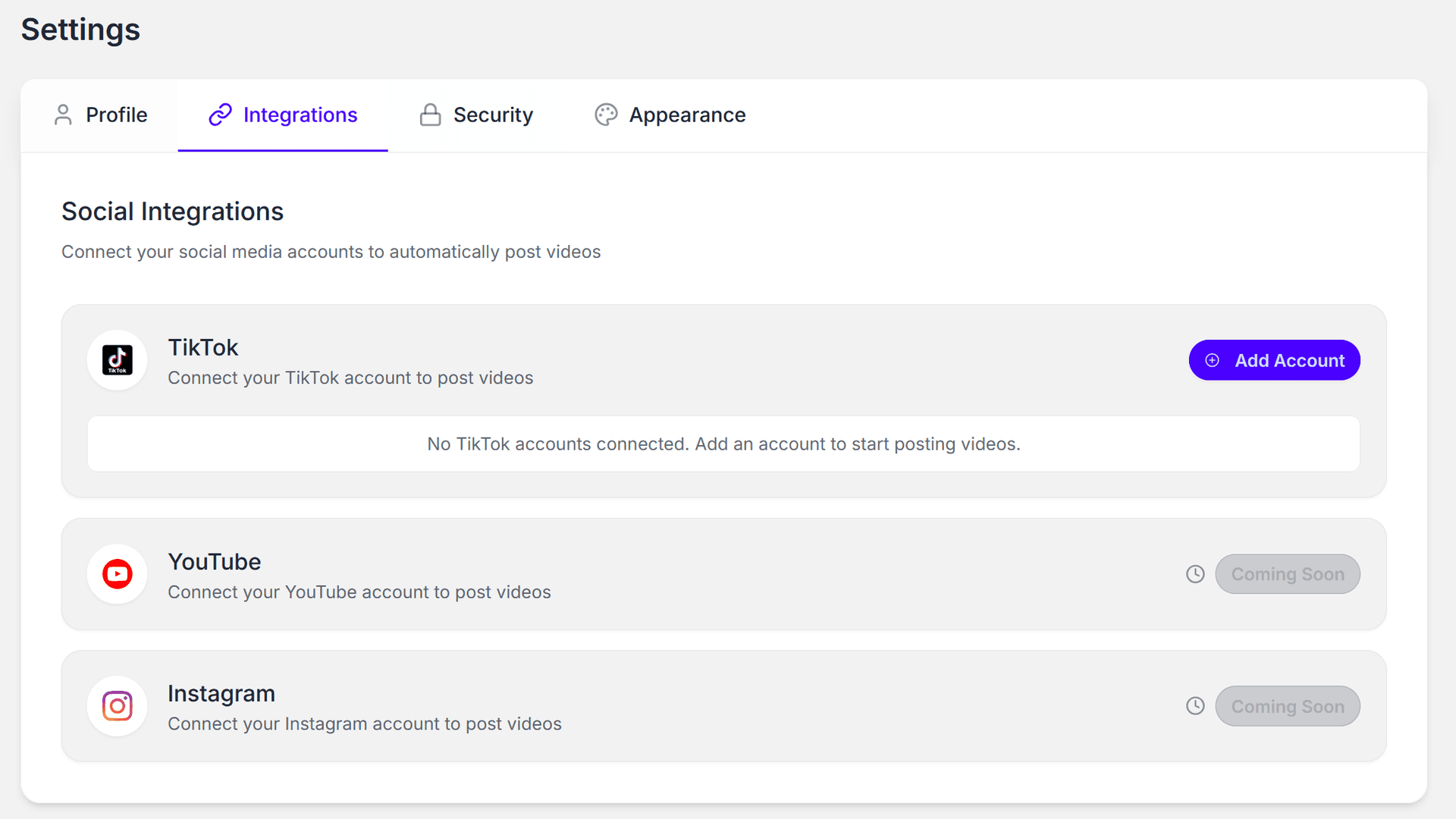 Clicking Add Account on the TikTok integration card