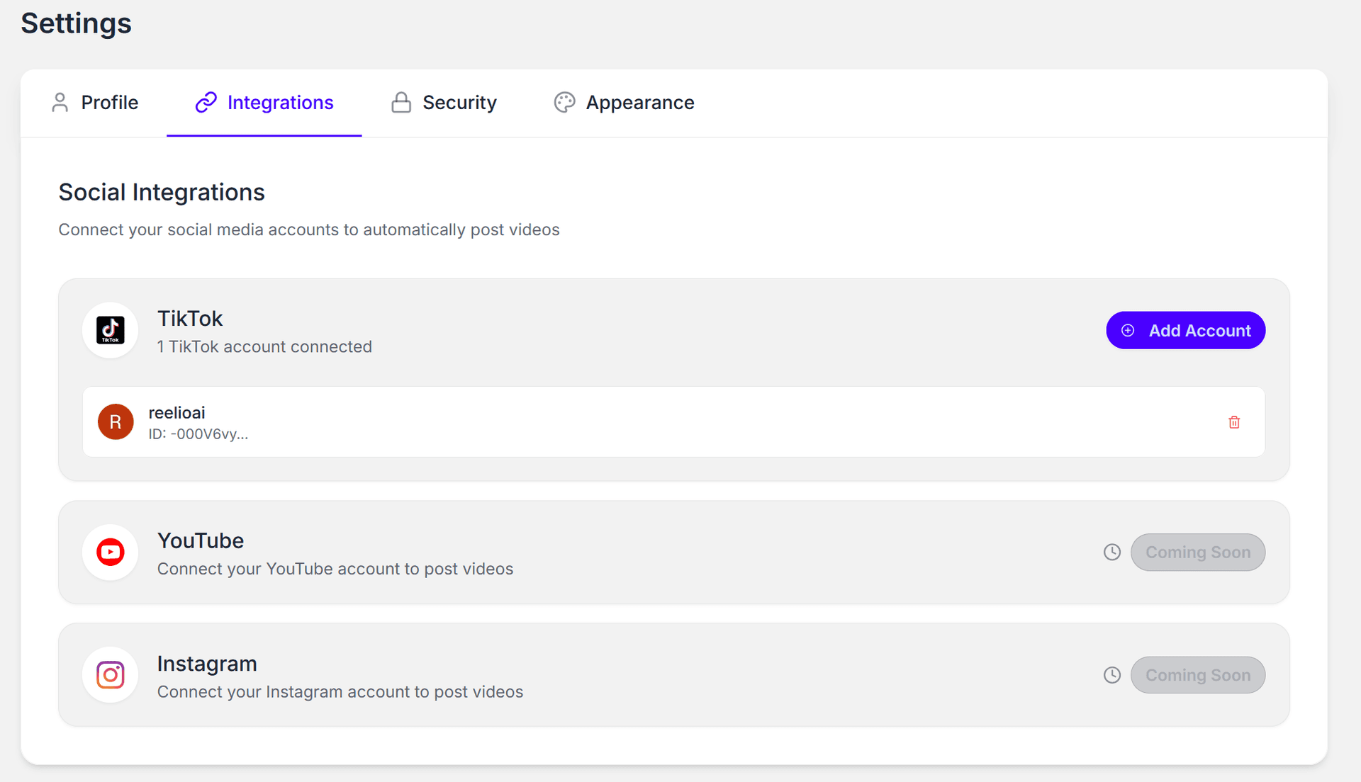 Connected TikTok account shown in Reelio settings