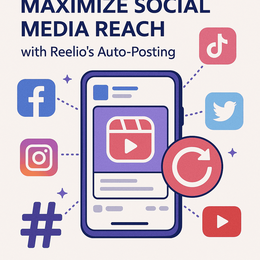 Illustration showing social media icons connected to Reelio for auto-posting