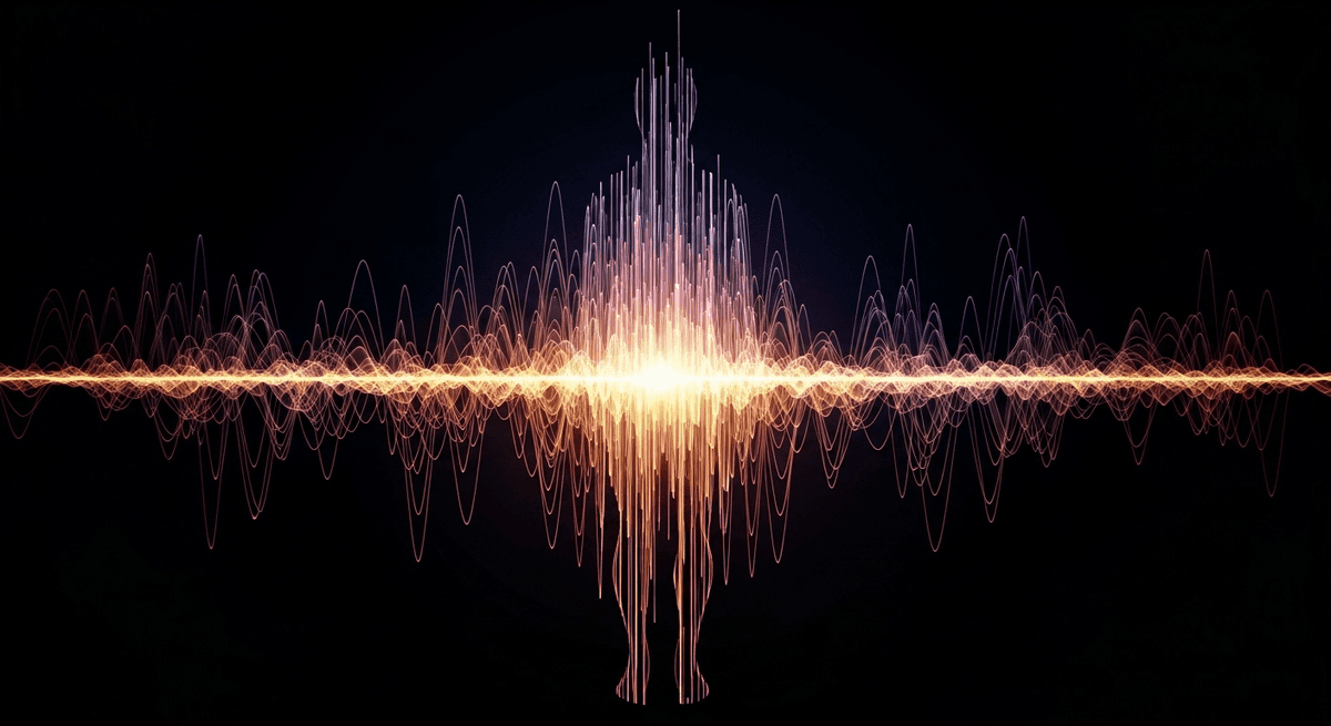 An audio waveform transforming into a human-like silhouette, representing natural AI voices.