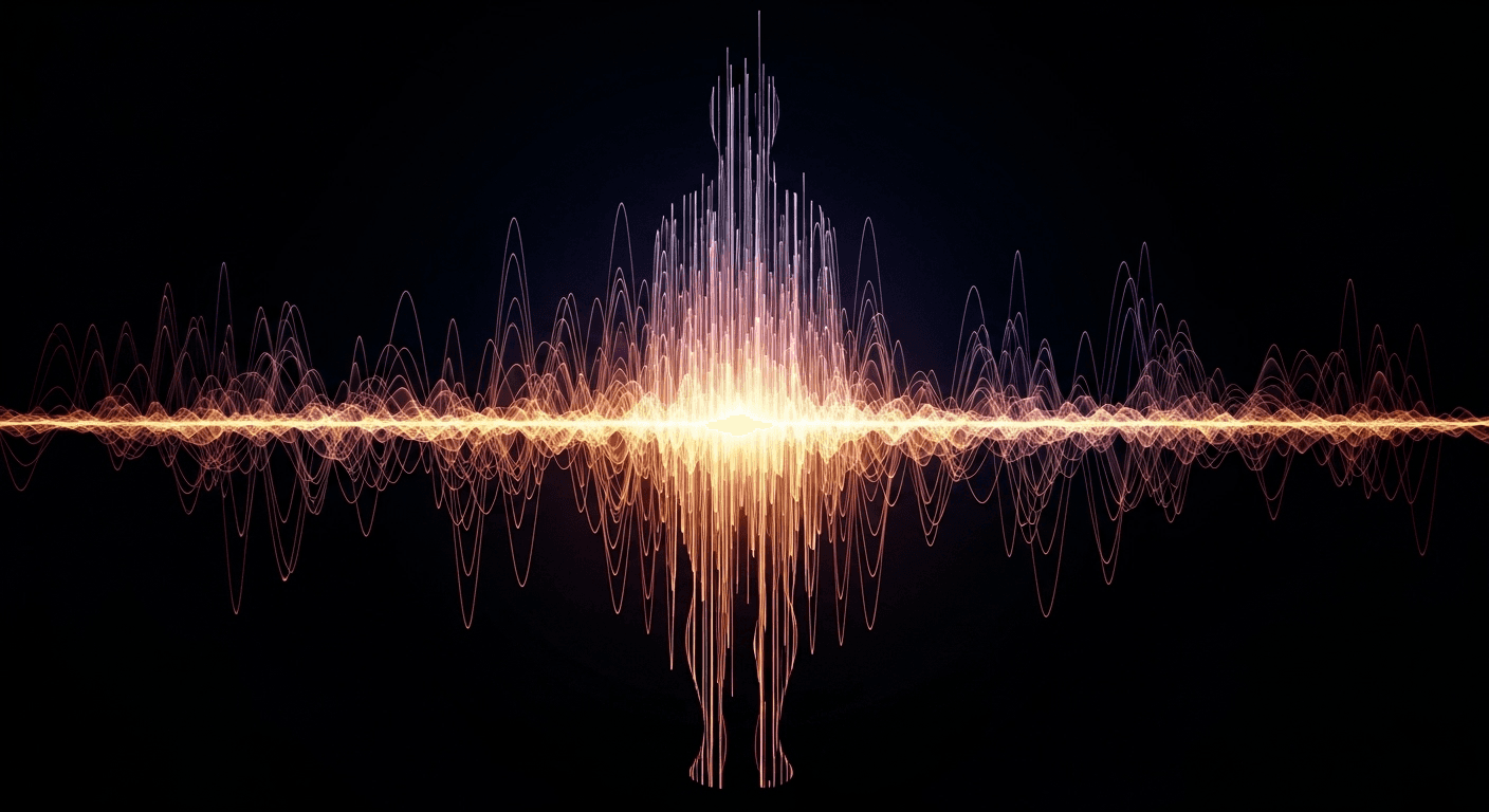 An audio waveform transforming into a human-like silhouette, representing natural AI voices.